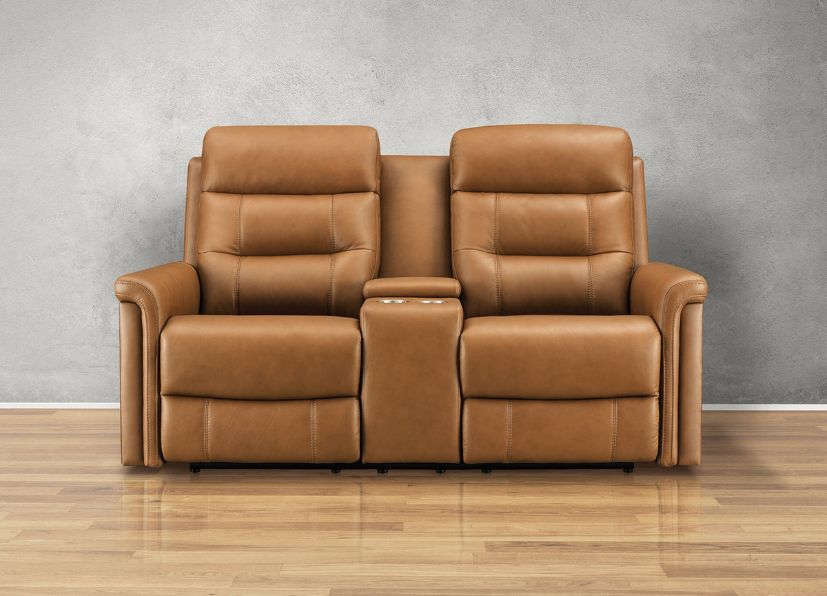Josh 71" Cognac Leather Zero Gravity Power Reclining Console Loveseat Reclining Seating Hydeline