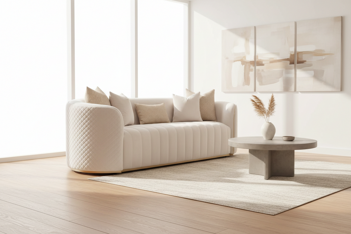 Ariana 97” Curved Beige Velvet Sofa - MJM Furniture