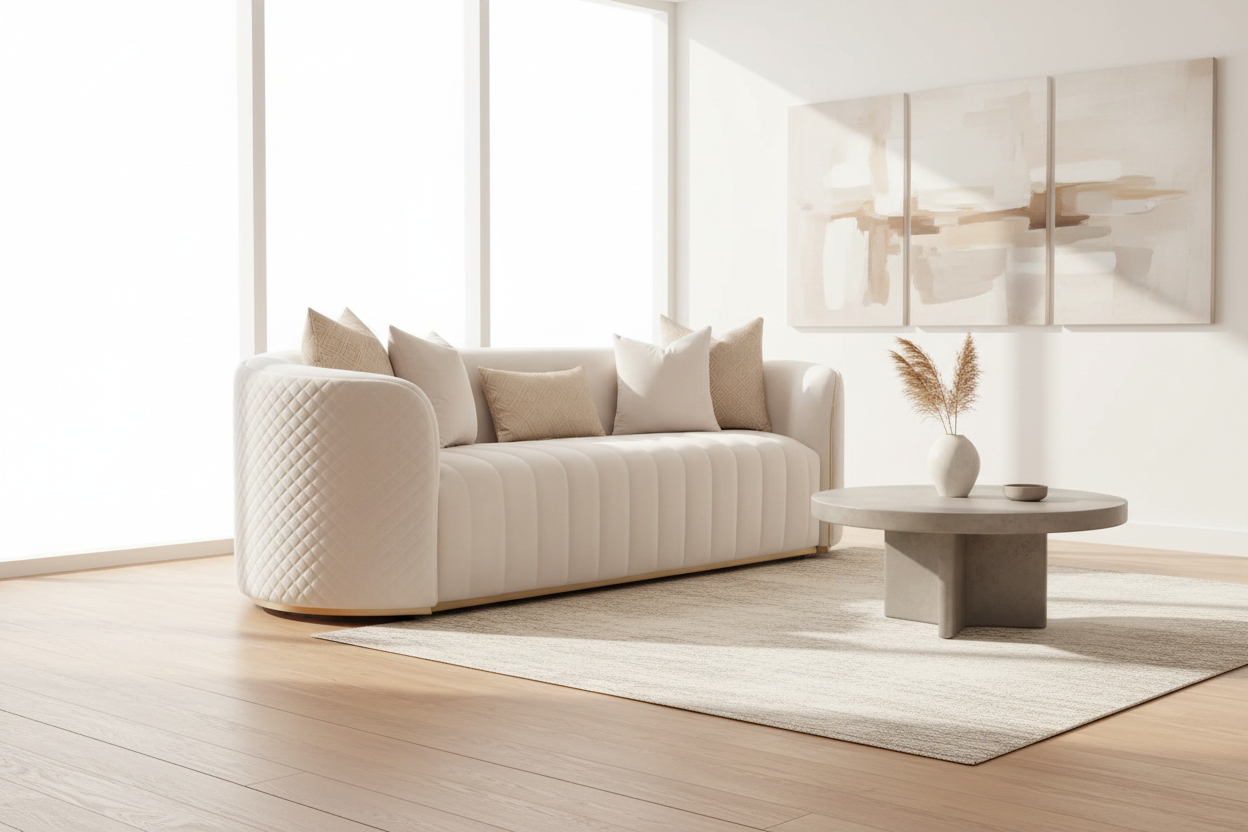 Ariana 97” Curved Beige Velvet Sofa - MJM Furniture