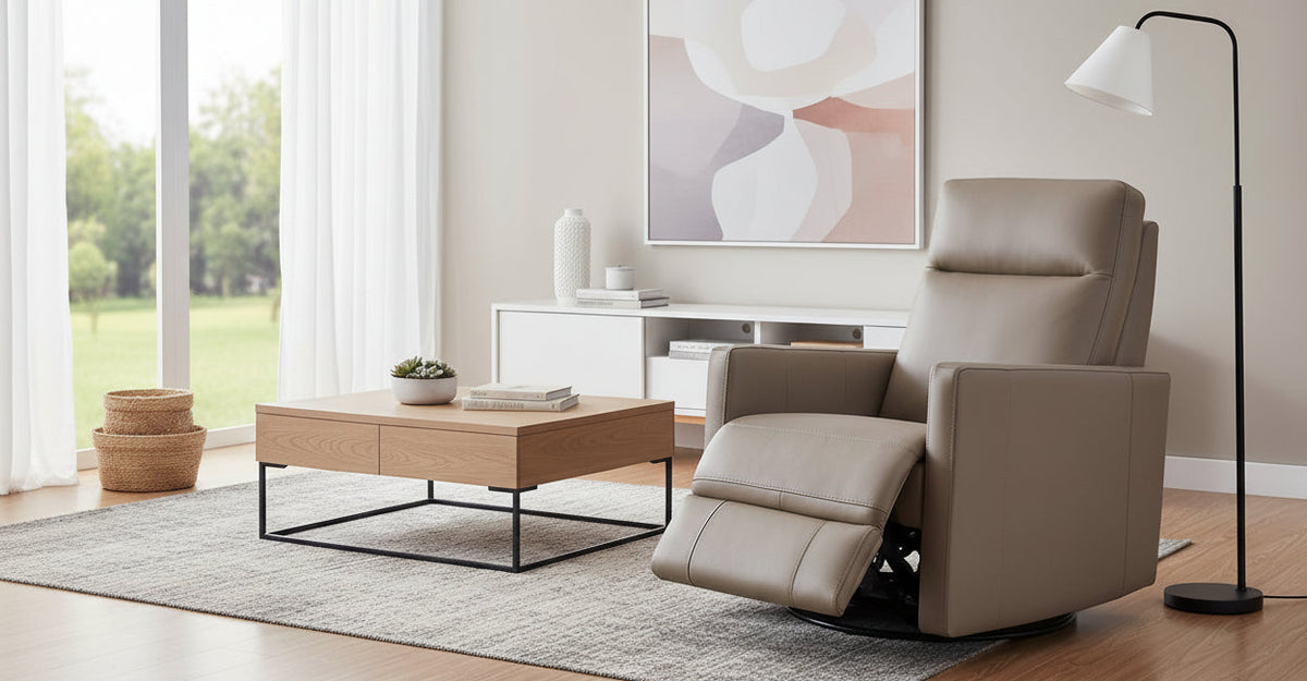 Ashby Taupe Leather Swivel Glider Recliner - MJM Furniture