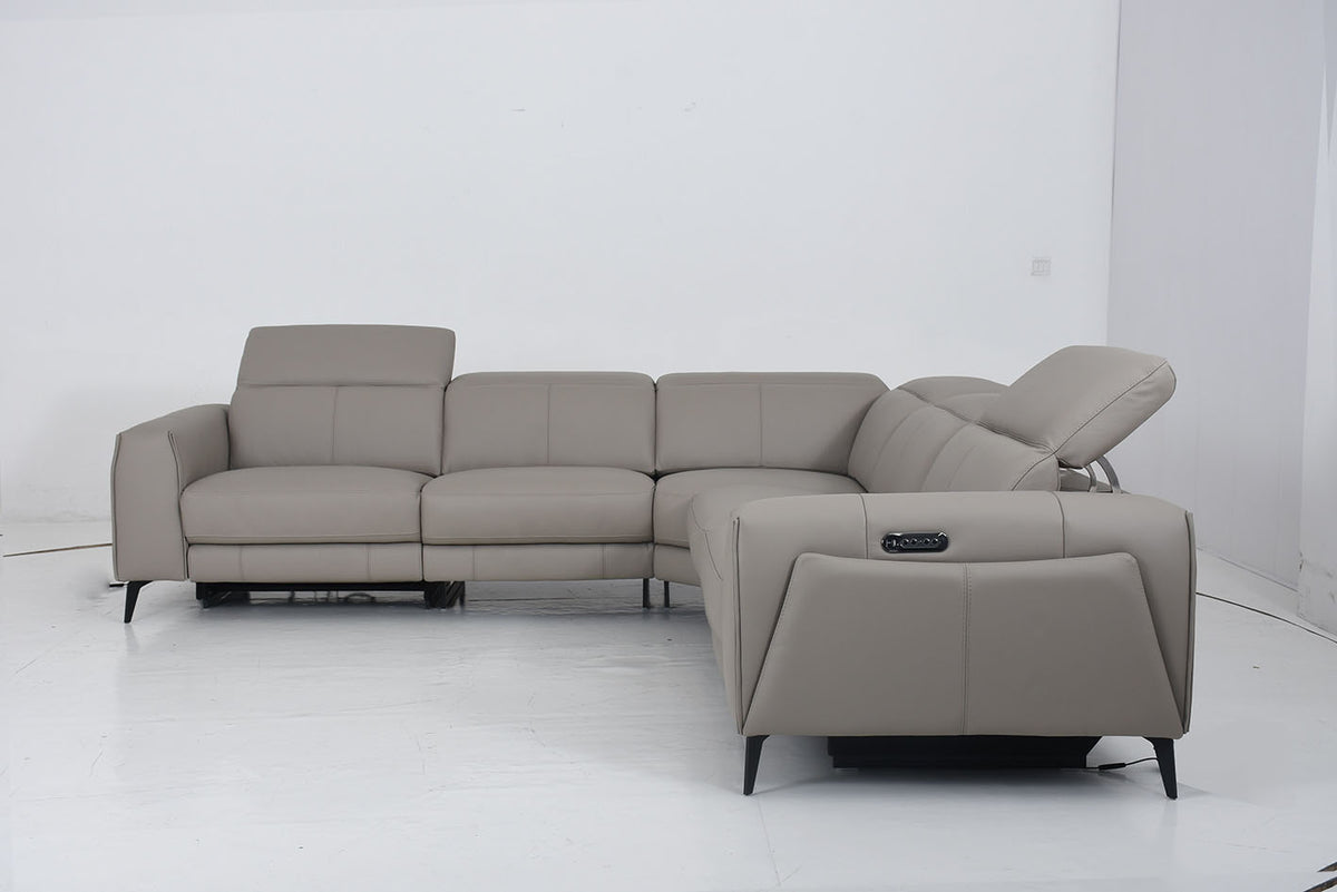 Emil Light Gray Leather 5 Piece Power Reclining Sectional - MJM Furniture