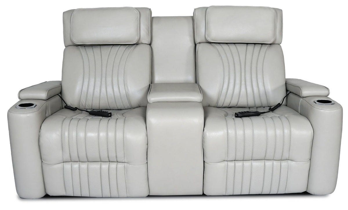 Aire Silver Leather Power Reclining Console Loveseat - MJM Furniture