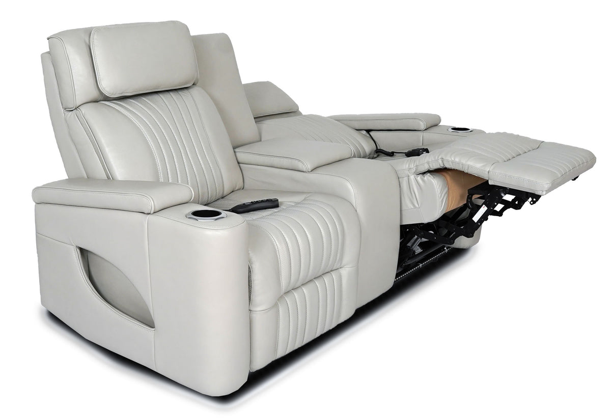 Aire Silver Leather Power Reclining Console Loveseat - MJM Furniture