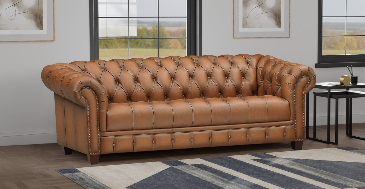 York 88" Saddle Premium Leather Tufted Sofa Sofas Hydeline